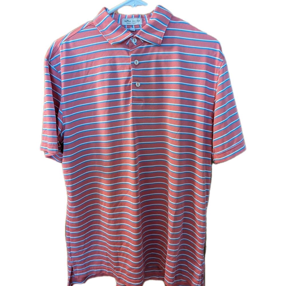 Peter Millar Summer Comfort Polo Shirt Mens M Salmon Stripe Texas Golf Sleeve
